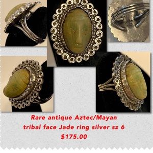 Vintage rare aztec/Mayan face ring sterling silver and jade. Size 6 - $125